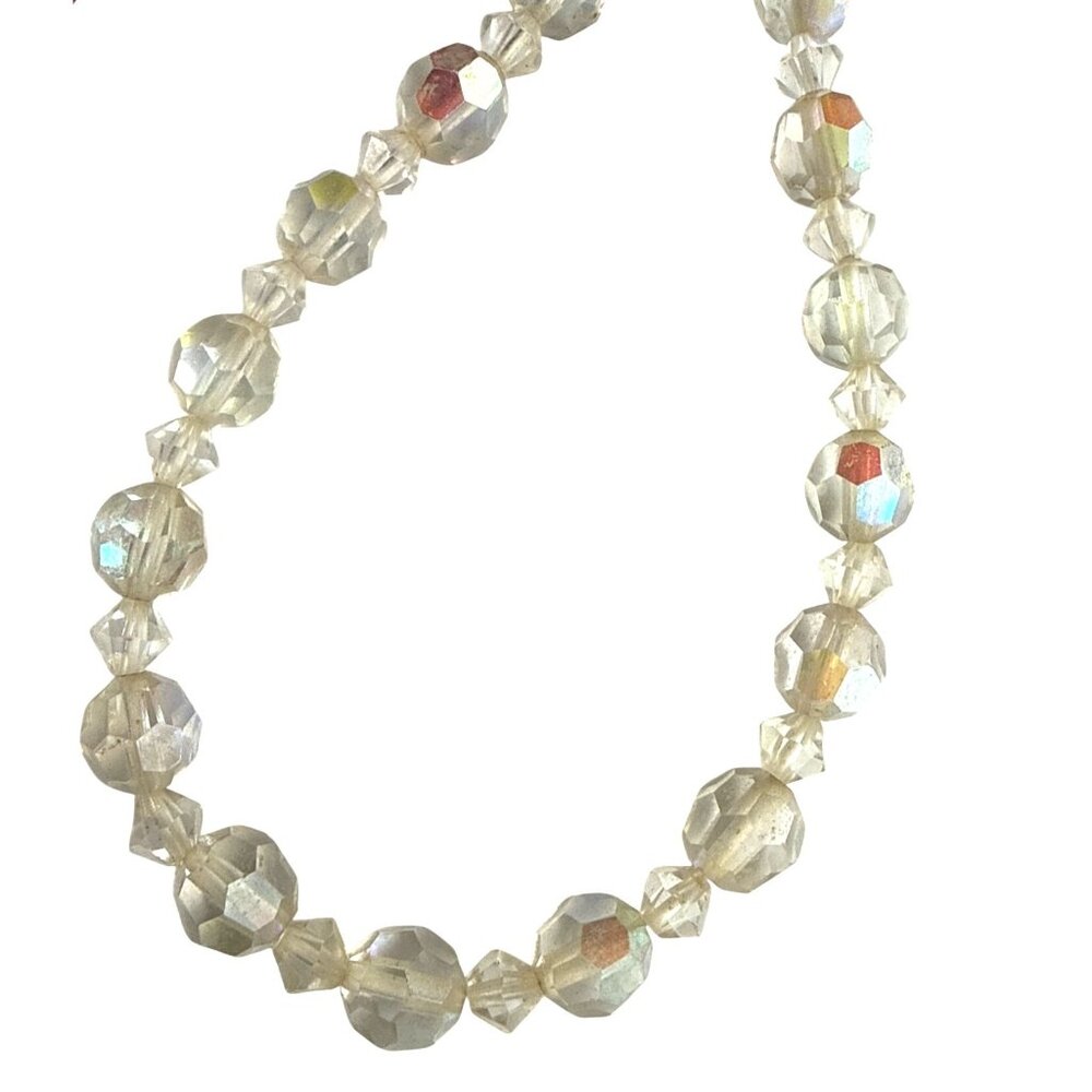 Vintage Faceted Aurora Borealis Crystal Beaded Necklace Spring Ring Closure AB M